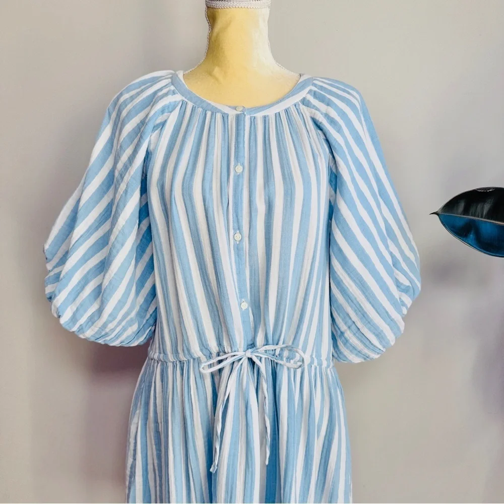 Old Navy Waist-Defined Puff-Sleeve Stripe Gauze Mini Shirt Dress size LTall NWT - Picture 5 of 10
